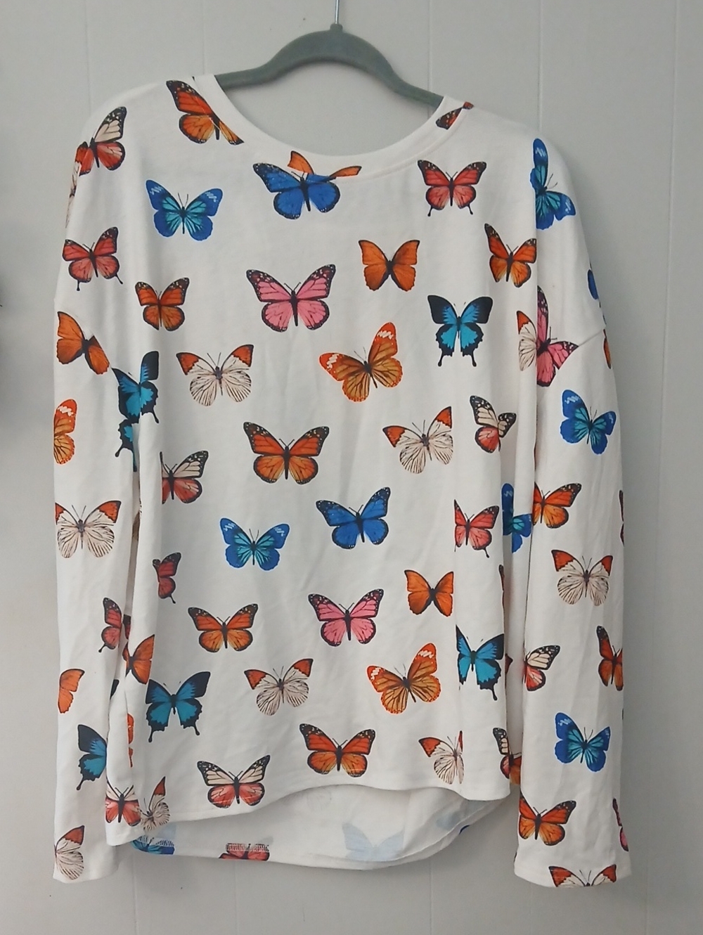 SHEIN White Long Sleeve Top with Blue, Orange, Pink & Cream Butterflies